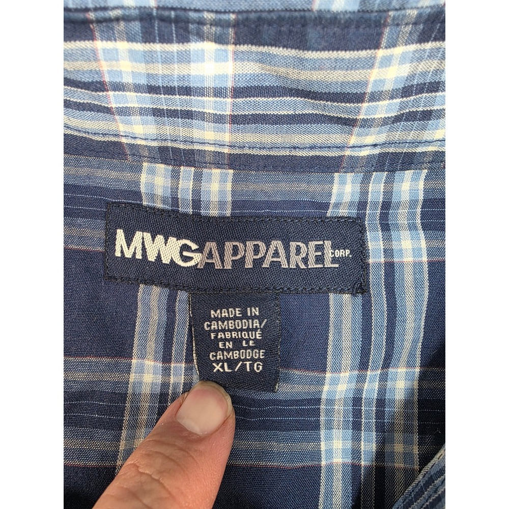 MWG Apparel Mens XL Short Sleeve Western Pearl Snap Plaid Shirt Navy Blue White - Picture 2 of 8
